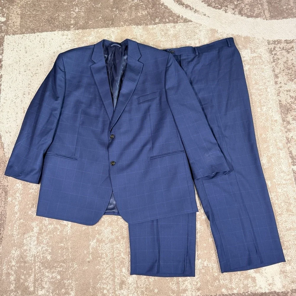 Ralph Lauren 2 PC Suit Men's 48R Blue Wool  Windowpane Plaid 42x29 Business